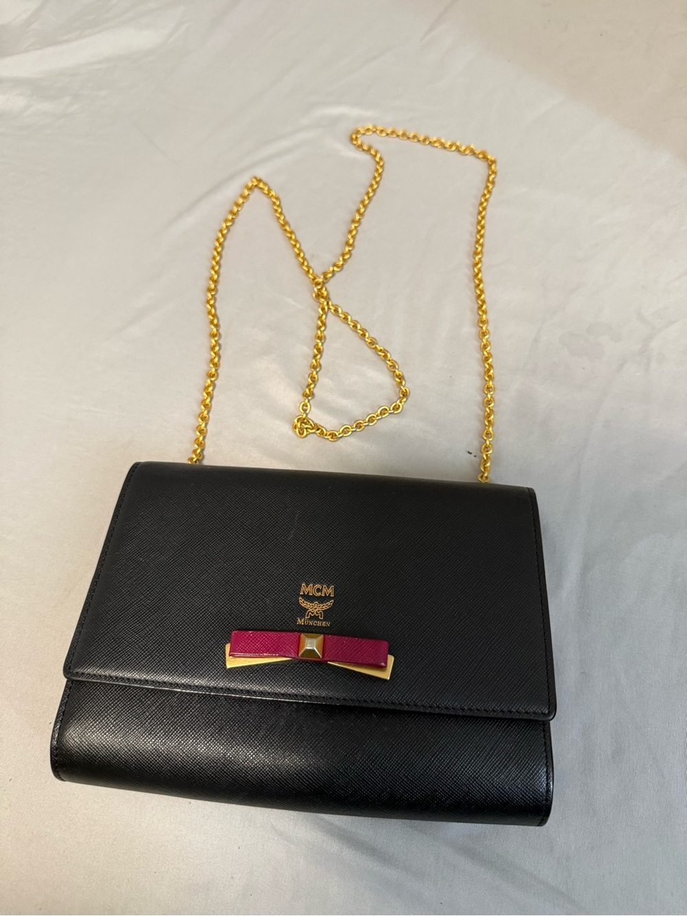 MCM Black Leather Crossbody with Pink Bow and Gold Chain